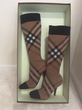 Burberry Tan Plaid Over-the-Knee Sock Boots with Black Toe & Cuff